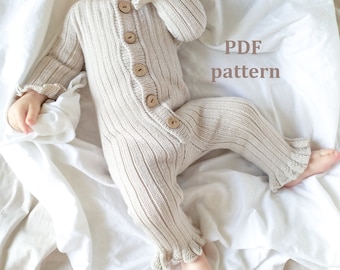 Knitting pattern baby romper, ruffle romper, pattern jumpsuit, knitted romper, PDF pattern, knit pattern for baby, Pattern in ENGLISH