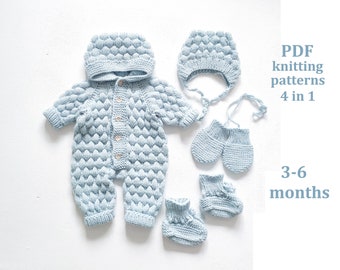 SET of knitting patterns for baby 3-6 months, 4 in 1, baby romper, cap, booties, mittens knitting patterns, Pattern in ENGLISH