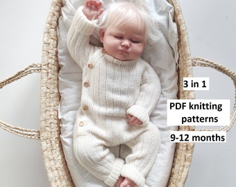 PDF knitting patterns set 3 in 1, 9-12 months, knitting patterns baby ribbed jumpsuit romper hat socks, patterns in English