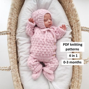 Strickanleitungen Set für Baby 0-3 Monate, 4 in 1, Baby Strickjacke, Strampler, Mütze, Schühchen, Anleitung in ENGLISCH