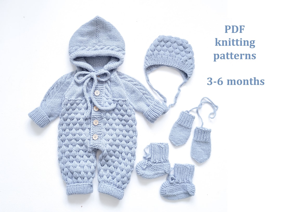 SET of Knitting Patterns for Baby 36 Months, 4 in 1, Baby Romper, Cap