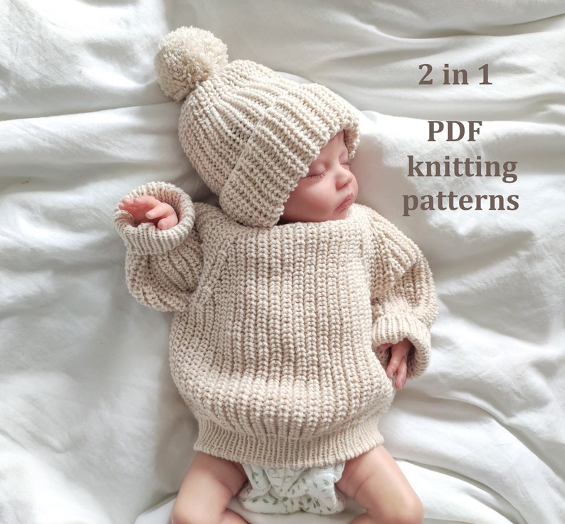 2 in 1, knitting patterns set, knit pattern baby jumper, knit pattern baby hat, knit baby sweater, todler, newborn knit pattern image 1