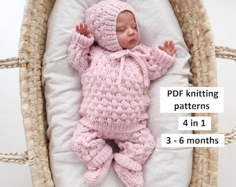 Knitting patterns set for baby 3-6 months, 4 in 1, baby romper, baby cardigan, bonnet, booties, Pattern in ENGLISH