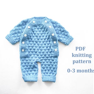 May include: A light blue knitted baby romper with a textured pattern and long sleeves. The romper has white buttons down the front and around the neck. The text "PDF knitting pattern 0-3 months" is visible.