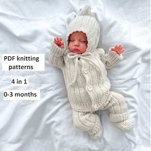 Knitting patterns set for baby 0-3 months, 4 in 1, baby romper, baby cardigan, pixie cap, booties, Pattern in ENGLISH