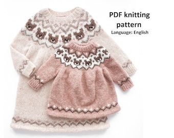 Knitting pattern baby dress. Lopapeysa pattern, Icelandic pattern. Pattern in ENGLISH. Lopapeysa dress pattern. Bear dress pattern