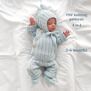 Knititng patterns set for baby 3-6 months, 4 in 1, baby romper, baby cardigan, pixie cap, booties, Pattern in ENGLISH