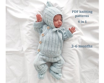 Knititng patterns set for baby 3-6 months, 4 in 1, baby romper, baby cardigan, pixie cap, booties, Pattern in ENGLISH