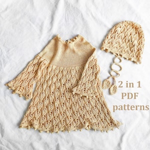 Knitting Patterns Set for baby girl 2 in 1, kniting pattern baby dress, baby bonnet, PDF pattern