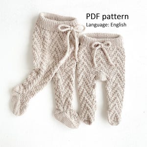 May include: PDF pattern for knitting a pair of beige baby leggings. The pattern is written in English.