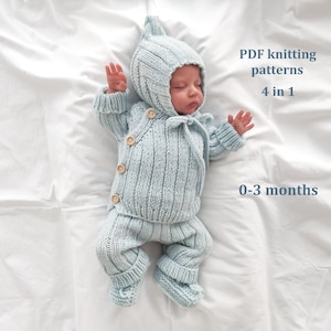 KNITTING PATTERNS SET for baby 0-3 months, 4 in 1, baby romper, baby cardigan, pixie cap, booties, step by step patterns