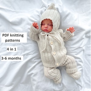 Knitting patterns set for baby 3-6 months, 4 in 1, baby romper, baby cardigan, pixie cap, booties, PDF patterns in English