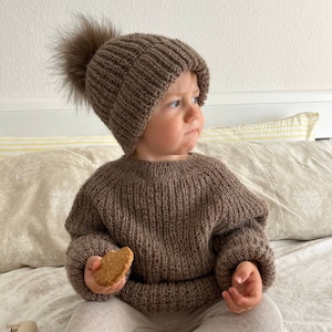 Puede incluir: Un su&eacute;ter de punto marr&oacute;n con un gorro de punto marr&oacute;n con un pomp&oacute;n esponjoso. El ni&ntilde;o lleva pantalones beige y sostiene una galleta.