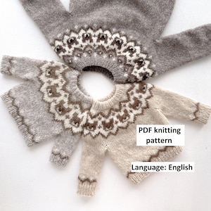 May include: Three knitted jumpers in different shades of brown with a white and brown geometric pattern. The jumpers are arranged in a circle with the text "PDF knitting pattern" and "Language: English" below.