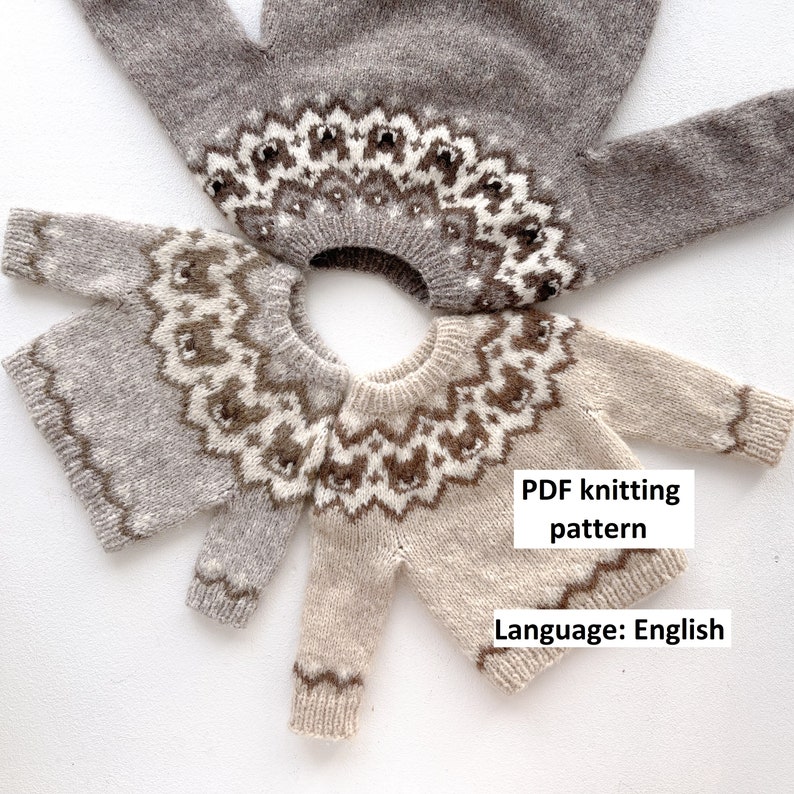 May include: Three knitted sweaters in different shades of brown with a white and brown geometric pattern. The sweaters are arranged in a circle with the text "PDF knitting pattern" and "Language: English" below.
