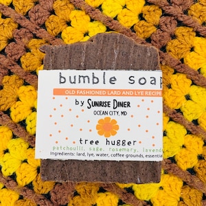 1 Bar of Tree Hugger Bumble Soap -  Rosemary, Sage, Patchouli, Lavender - Upcycled Lard and Lye Soap