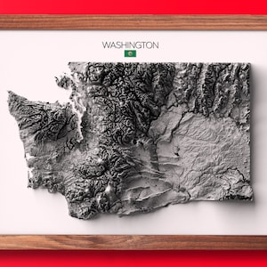Impression de l'État de Washington | Cadeau de pendaison de crémaillère | Carte du relief | Art mural moderne | Cadeau pour la maison unique - 2D (plat) - Sans cadre