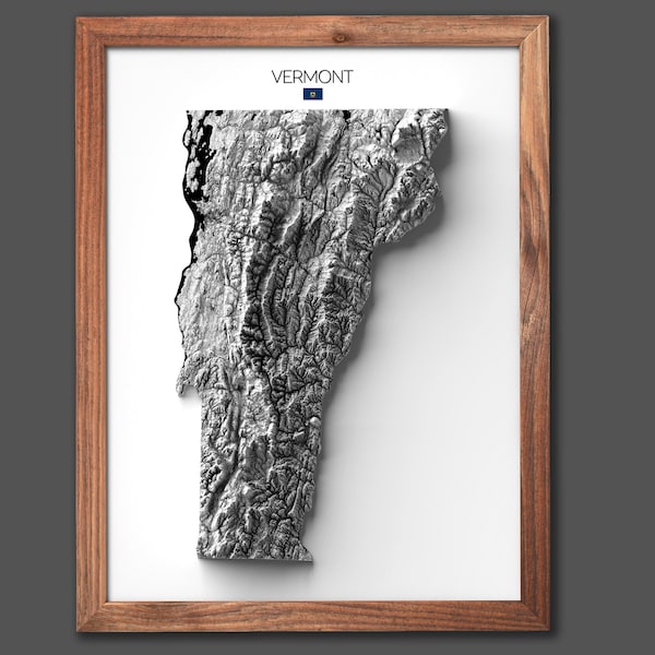 Vermont Relief Map | Altitude Map with Lakes, Roads and Cities | Modern Wall Art | 3D Map Effect- 2D (Flat) - No Frame