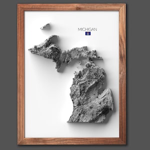 Impression Michigan | Cadeau de pendaison de crémaillère | Carte du relief | Art mural moderne | Cadeau pour la maison unique - 2D (plat) - Sans cadre