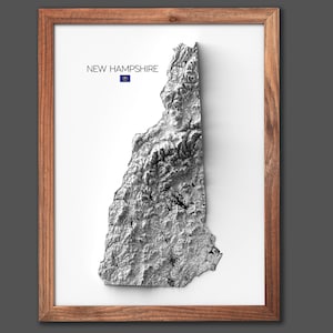 New Hampshire Relief Map | Altitude Map with Lakes, Roads and Cities | Modern Wall Art |- 2D (Flat) - No Frame