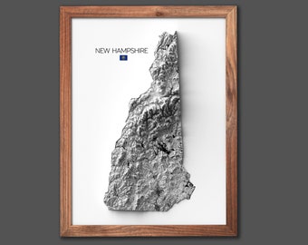 New Hampshire Relief Map | Altitude Map with Lakes, Roads and Cities | Modern Wall Art |- 2D (Flat) - No Frame