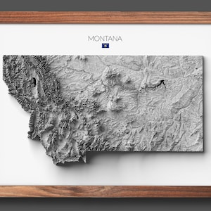 État du Montana : carte | Cadeau de pendaison de crémaillère | Carte du relief | Art mural moderne | Cadeau unique | Aspect 3D - 2D (plat) - Sans cadre