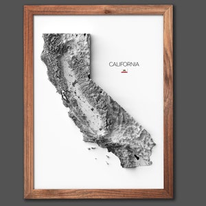Carte de l'État de Californie | Cadeau de pendaison de crémaillère | Carte du relief | Art mural moderne | Cadeau unique | Inspiration Map - 2D (plat) - Sans cadre