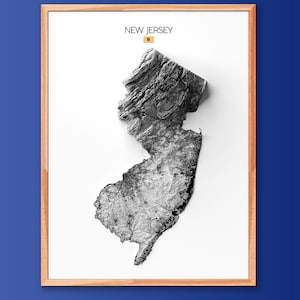 Impression de l'État du New Jersey | Cadeau de pendaison de crémaillère | Carte du relief | Art mural moderne | Cadeau pour la maison unique - 2D (plat) - Sans cadre