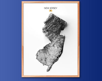 May include: A black and white topographic map of the state of New Jersey, with the state flag in the upper left corner. The map is framed in a light wood frame.