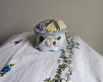 Embossed Fruit Design Ceramic Trinket Box Catchall with Pastel Colors and Gold Trim