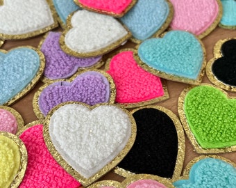 Chenille Heart Patch | Self Adhesive Varsity Letter | DIY Dupe | Cosmetic Bag | Nylon Pouch | Gold Glitter Trim | Embroidery Patch | Heart