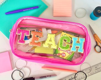 Clear Bag with Letter Patch | Monogram Bag | Personalized Cosmetic Bag | Makeup Bag | Chenille Patch Travel Bag | Clear Toiletry bag