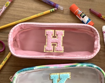 Personalized Pencil Case | Clear Front Pencil Case with Initials | Makeup Case with Letter Patches | Party Favors | School Classroom Gift