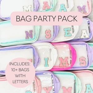 May include: A collection of clear, zippered bags with colorful trim and glittery letter patches. The bags are arranged in rows, with the text "BAG PARTY PACK" and "INCLUDES: 10+ BAGS WITH LETTERS" overlaid on the image.