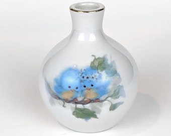 Miniature Vase with Two Bluebirds on a Branch,Small Bud Vase,70s Vase,Bird Decor,Bird Lover Gift,Bluebird Vase,Unique Vase,Mothers Day Gift