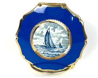 1950s Stratton Compact Cobalt Enamel Gold Tone Case, Puff and Screen