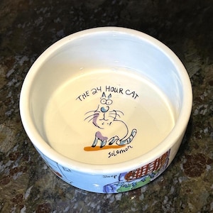 Cat Food Bowl &quot;The 24 Hour Cat&quot;-5&quot;X2&quot; Heavy Porcelain-Designs by Debra Soloman-Cats Eating and Sleeping,Pet Food Bowl,Cat Dish,Cat Gift