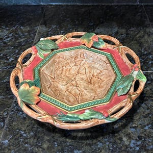 Fitz and Floyd &quot;Christmas Lodge&quot; Candy Dish-9&quot;X2.25&quot;-Leaf and Holly Motif,Decorative Candy Dish,Fall Decor,Festive Serving Ware