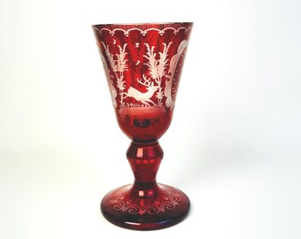 Antique Bohemian Ruby Flashed Etched Goblet – Heavy Lead Crystal Deer and Village Scene (7.5"X3.5")