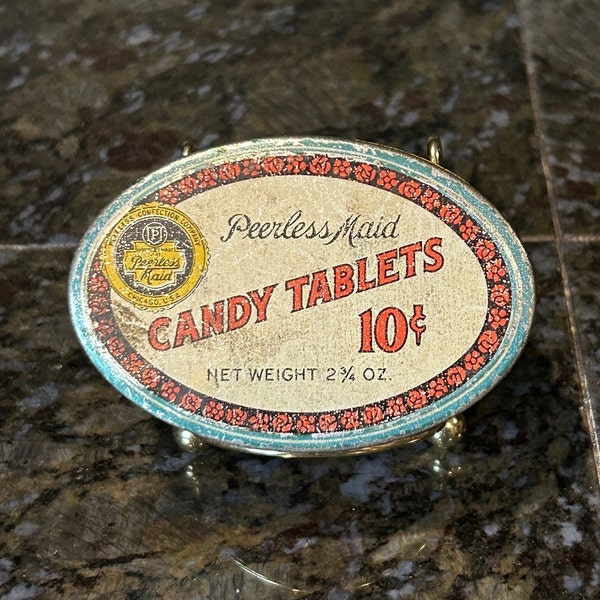 Vintage Peerless Maid Candy Mint Tin 1940s,Tin Candy Box,Metal Storage Box,Tin Box,Small Tin with Lid,Advertising Tin,Vintage Advertisement
