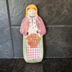 Hand Painted Ceramic Spoon Rest/Wall Hanging-8&quot;X2.75&quot; Woman with Fruit Basket-Italian,Spoon Holder,Utensil Rest,Whimsical Kitchen Art
