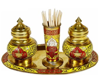 Brass Enameled Salt & Pepper Shaker Set With Toothpick Holder Tray,Spice Shakers,Spice Container,Retro Salt Shaker,MCM Kitchenware,Buddah