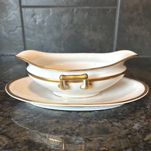 Antique Theodore Haviland Gravy Boat: Limoges France, White & Gold Trim