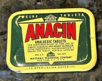 Vintage Anacin Aspirin Tin,Metal Storage Box,Advertising Tin,Small Tin with Lid,Metal Pill Box,Tin Pill Box,Tin Litho Box