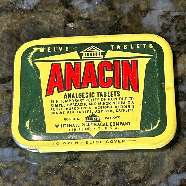 Vintage Anacin Aspirin Tin,Metal Storage Box,Advertising Tin,Small Tin with Lid,Metal Pill Box,Tin Pill Box,Tin Litho Box