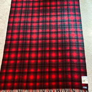 Pu&ograve; includere: Una coperta a quadri rossi e neri con frange sui bordi. La coperta presenta un classico motivo tartan, con una griglia di linee intersecanti rosse e nere. Le frange sono nere e rosse.