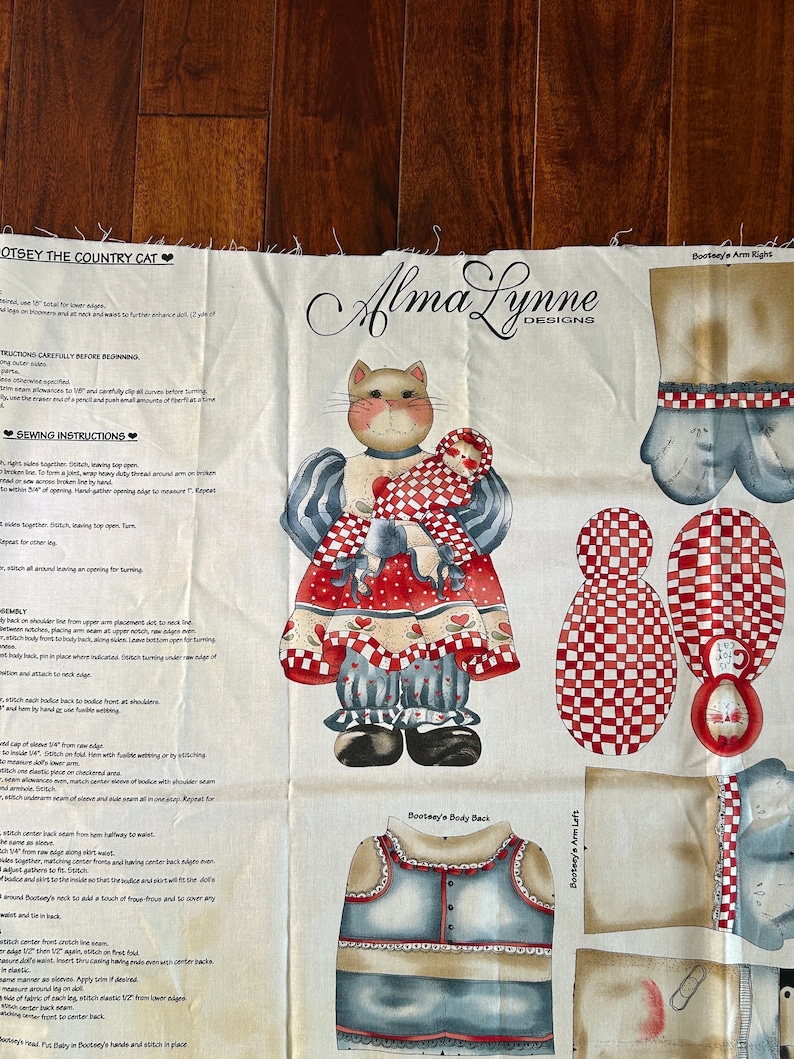 1990s Bootsey the Country Cat Doll Stuffed Animal Fabric Panel by Alma