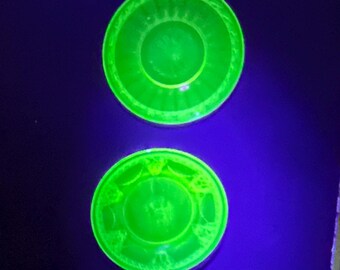 Uranium Glass Salad Plates: Federal Glass Georgian Green Depressionware