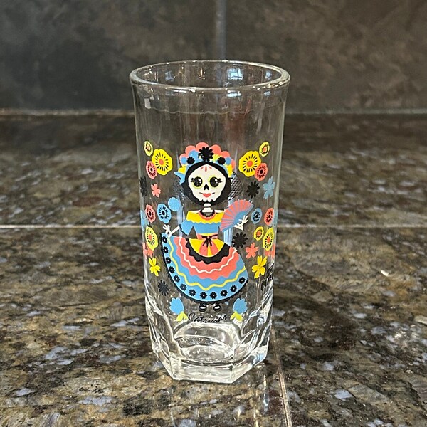 Day of the Dead Glass,Crisa Glassware,Unique Water Glass,Dia de los Muertos Tumbler,Mexican Tumbler,Promotional Gift,Cartrinas Glass