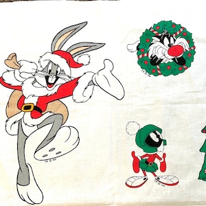 Looney Toons Christmas Fabric Panel 45”X36,Bugs Bunny Tweety,Donald Duck Marvin the Martian,Sylvester,Daffy Duck,Cartoon Fabric